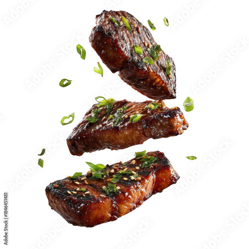 Three slices of delicious grilled steak with herbs and spices isolated on transparent background
