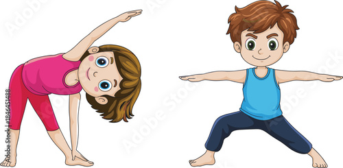 Cute boy and girl cartoon children doing yoga poses, fitness and healthy lifestyle vector illustration set