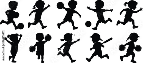 Silhouettes of Ten Children Playing Sports and Engaging in Physical Activities Depicting Energetic Movement, Exercise, and Recreation