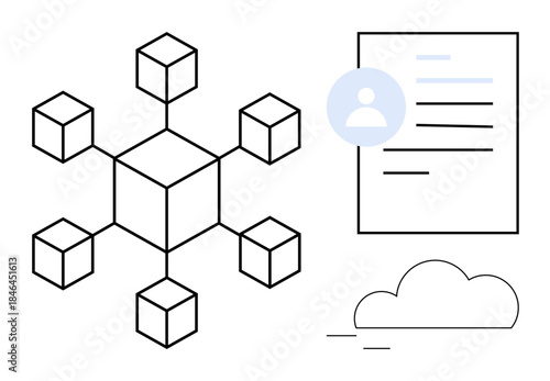 Blockchain, data security, digital identity, cloud computing, connectivity, online services. Geometric blockchain network, profile document cloud icon. Blockchain and digital identity communication