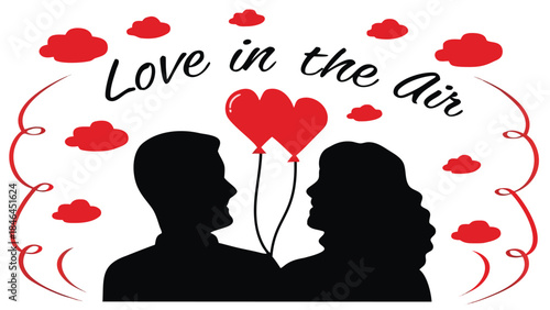 Silhouette couple holding a heart shaped balloon together with love in the air text on white background, perfect for valentine's day