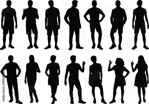 Silhouettes of Twelve Individuals in Mixed Poses and Attire Depicting Standing, Walking, and Gestural Postures for Design Use