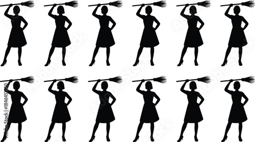 Silhouettes of Twelve Identical Women Holding Brooms Over Shoulder in Uniform Pose for Symbolic or Pattern Design Use