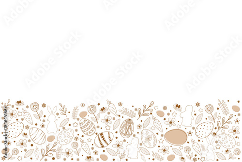A delicate Easter border at the bottom of a white background, featuring hand-drawn bunnies, eggs, and flowers in soft brown and beige tones.