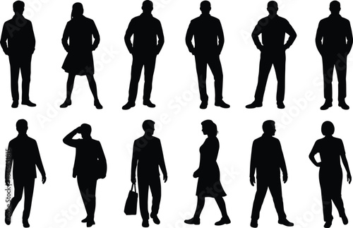 Silhouettes of Twelve People in Mixed Attire and Poses Depicting Casual and Formal Standing, Walking, and Gestural Postures