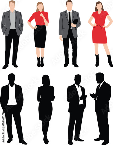 Stylized business professionals in color and silhouette, showcasing formal attire and confident poses for HR, branding, and presentation use.