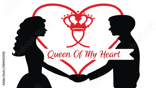 Silhouette of couple holding hands under a crown shaped heart symbolizing love royalty