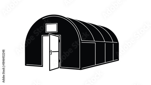 Simple black and white illustration of a quonset hut with an open door