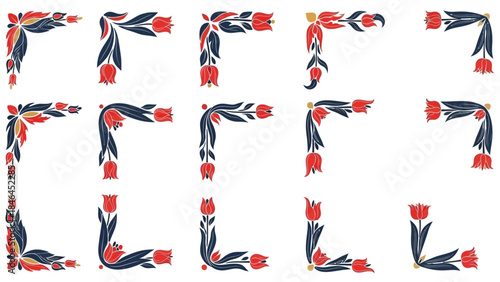 Elegant Folk Tulip Corner Ornaments Vector Wedding Invitation Elements