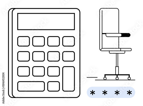 Office work, confidentiality, cybersecurity, data protection, password security, workspace organization. Minimalist calculator, office chair and password entry elements. Cybersecurity