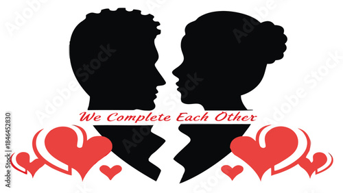 Silhouette of a man and woman posing together with a broken heart vector illustration on white background