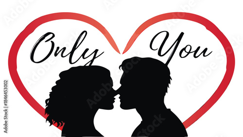 Couple sharing romantic kiss in heart shape silhouette, only you love concept