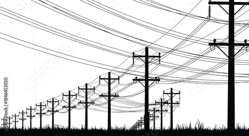 Black and white silhouette of utility poles, crisscrossing power lines, dramatic linear perspective, abstract infrastructure pattern, minimalist landscape, bold graphic composition
