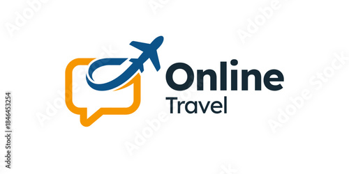 Online travel logo design illustration. Chat bubble design with airplane vector icon symbol
