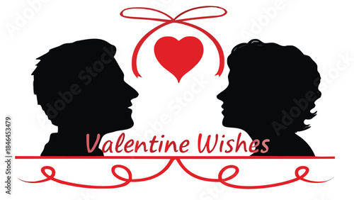 Couple sharing romantic valentine's day wishes with heart and ribbon graphic design element