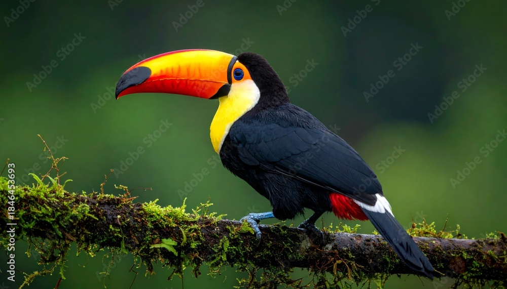 Fototapeta premium Colorful toucan bird with large yellow beak on a tropical rainforest tree branch
