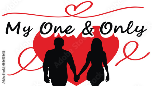 Couple holding hands in front of a giant heart silhouette, romantic vector illustration