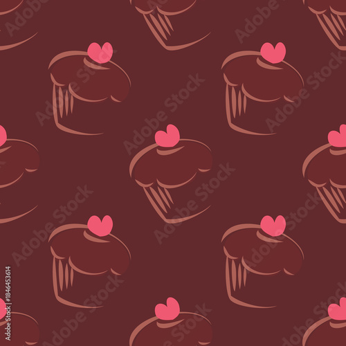 Seamless dark vector pattern or texture with chocolate cupcakes, muffins, sweet cake and pink heart and brown background. 