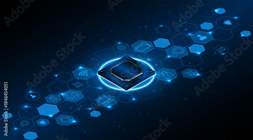 Microchip processor circuit board technology on dark blue background. Information Processing Concept. Circuit board hi-tech technology background. vector illustration