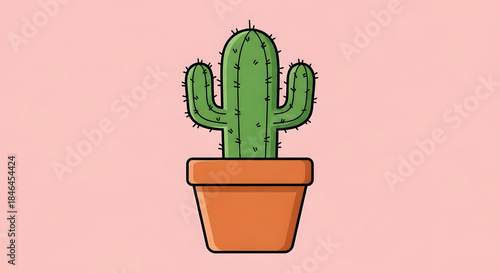 Cute cartoon style potted cactus plant on pink background Vector Illustration Flat Design Desert Succulent Green Orange Isolated