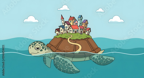 Whimsical cartoon turtle carrying tiny village island on its shell home journey migration community fantasy housing