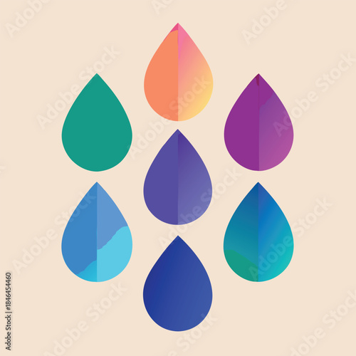 Seven colorful gradient teardrop shapes arranged in a circle Keywords: abstract, colorful, gradient, teardrop, shapes, circle, arrangement, modern
