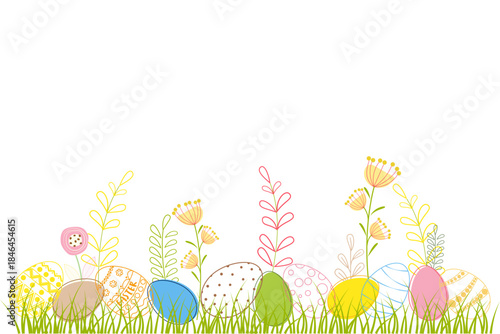 A cheerful Easter border with colorful eggs nestled in green grass, surrounded by delicate spring flowers and plants on a clean white background.