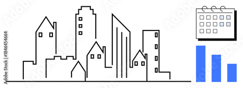 Minimalistic city skyline line art, calendar with marked days, and blue bar chart. Ideal for urban development, planning, analysis, business, real estate strategy data organization. A simple flat