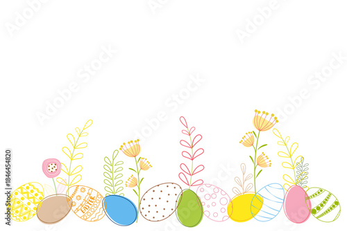 A delicate Easter border with colorful, patterned eggs in grass, surrounded by whimsical spring flowers and plants on a clean white background.