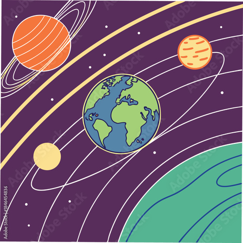 Stylized planets and Earth in a colorful cosmic nebula space galaxy