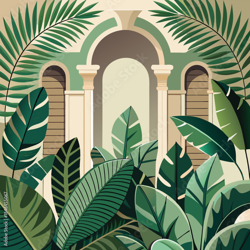 Tropical foliage framing an arched architectural structure with windows leaves green