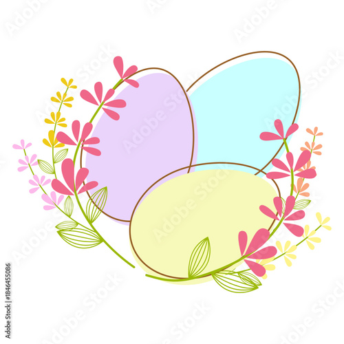 A charming Easter illustration featuring three pastel-colored eggs nestled among vibrant pink and yellow flowers with green leaves on a white background.