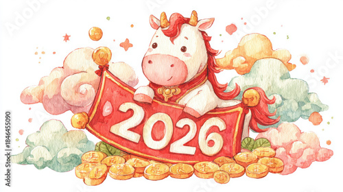 Cute cartoon horse with golden coins holding red 2026 banner in traditional chinese new year style with clouds on white background