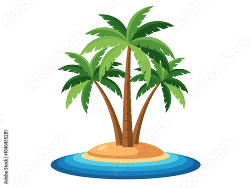 A vibrant illustration of a small tropical island with three lush palm trees swaying gently in the clear blue ocean.