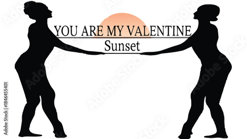 Couple silhouettes holding hands with valentines message and sunset gradient circle in background