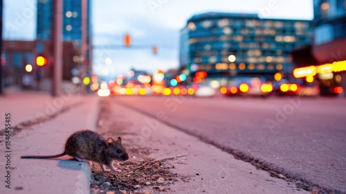 Fototapeta Naklejka Na Ścianę i Meble -  Mouse on sidewalk near street at dusk with cars passing by