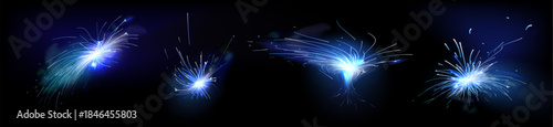 Abstract blue fire sparks set isolated on black background. Vector realistic illustration of firework sparkler effect, welding machine light flare and smoke, holiday celebration flash, explosion flame