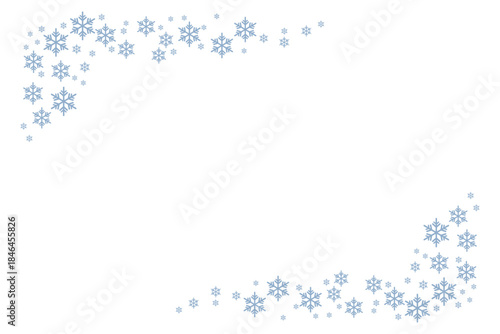 Minimal winter background with delicate blue snowflakes forming a decorative frame on white, ideal for Christmas cards, holiday invitations, seasonal banners, posters, social media and festive designs