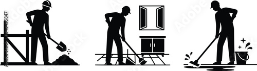 Construction and maintenance workers silhouettes, hard hat excavation, tile laying interior renovation, floor cleaning janitorial finishing, teamwork, building site, home improvement safety