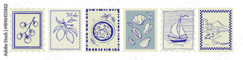 Amalfi summer stamp collection with vintage postcard borders in blue and beige. Italy frames with lemons and pizza, seashells, sailboat and coastal landscape. Retro postal Mediterranean travel design