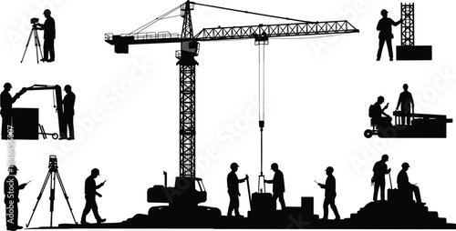 Construction site silhouette vector, tower crane lifting load, workers surveying and assembling structures, teamwork, engineering, industrial equipment, black and white illustration