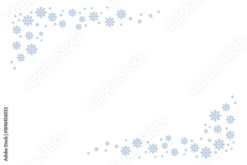 Minimal winter background with delicate blue snowflakes forming a decorative frame on white, ideal for Christmas cards, holiday invitations, seasonal banners, posters, social media and festive designs