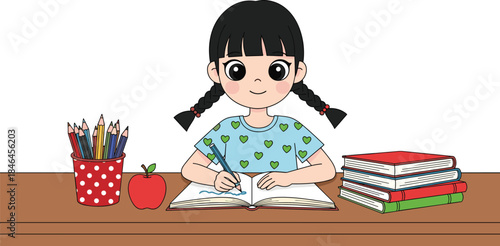 Cute Schoolgirl Studying at Desk Illustration Showing Child Writing in Notebook with Books, Pencils, and Apple for Education Concept
