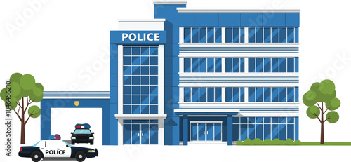 Modern Police Station Building Illustration with Patrol Cars Showing Law Enforcement Headquarters, Public Safety Services, and Urban Security Infrastructure Concept