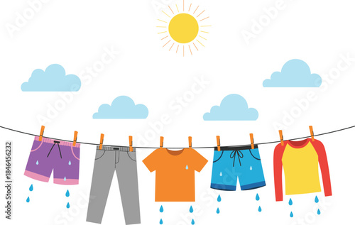 Wet Clothes Drying on Clothesline Under Sunny Sky Illustration Showing Laundry Day, Fresh Air Drying, Household Chores, and Eco Friendly Living Concept
