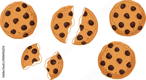 Chocolate Chip Cookies Illustration Set Featuring Whole and Broken Biscuits, Sweet Dessert Snack Collection, Flat Design Style Isolated on White