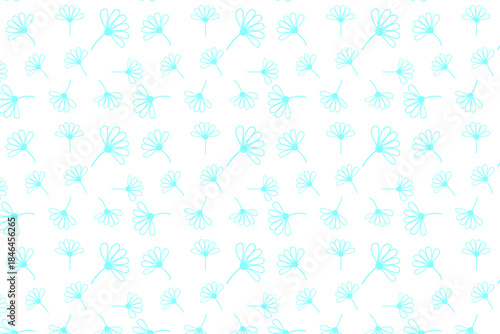 A delicate, seamless pattern of light blue stylized flowers scattered across a crisp white background, perfect for spring or minimalist designs.