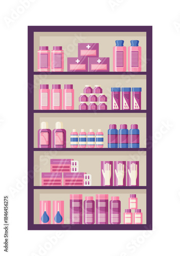 Medicine wardrobe with medical products. Pharmacy shelf. medications on drugstore shelves. Pharmaceutical counter with pills, bottles packets liquids syrup capsule. Hospital store. Vector illustration