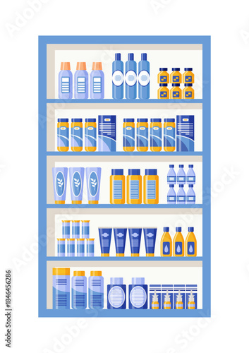 Pharmacy shelf with medicines and medications. Medical products on drugstore shelves. Pharmaceutical counter with pills, bottles packets liquids syrup capsules. Hospital store. Vector illustration