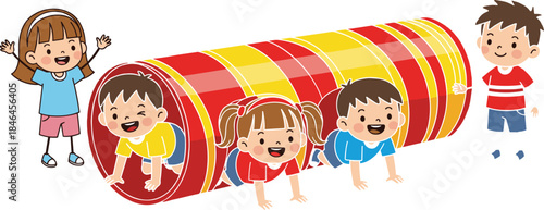 Fotografie Happy Children Crawling Through Colorful Play Tunnel, Fun Indoor Playground Acti